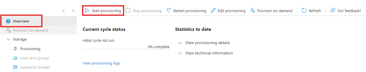 Entra start provisioning button on the overview