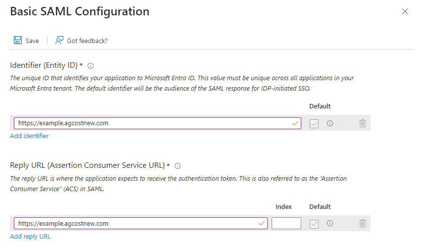 Entra identifier and reply URL example