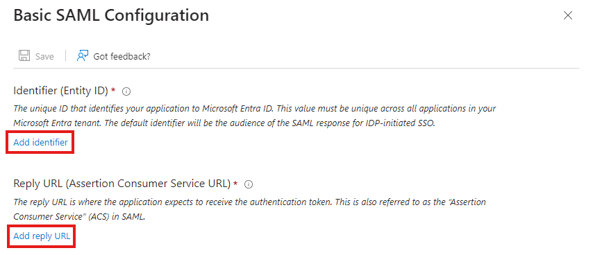 Entra identifier and reply URL buttons