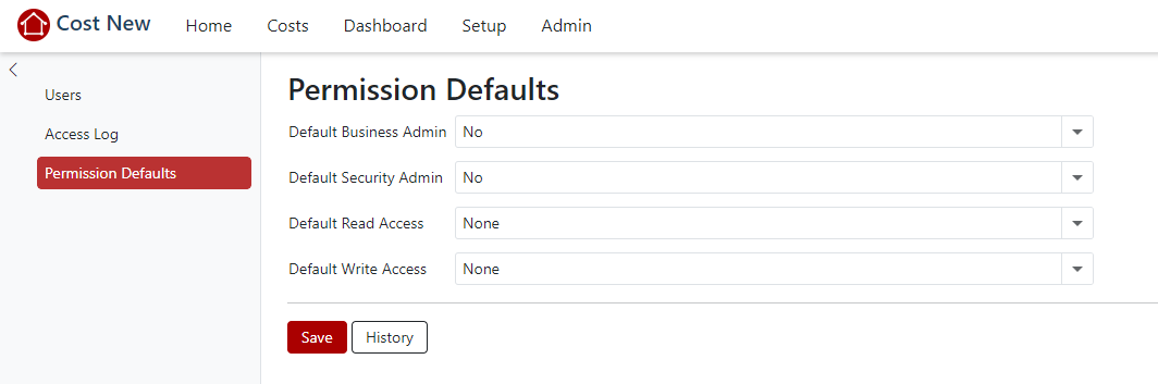 Permission defaults page