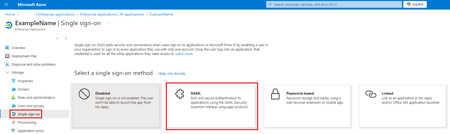 Entra SAML config button
