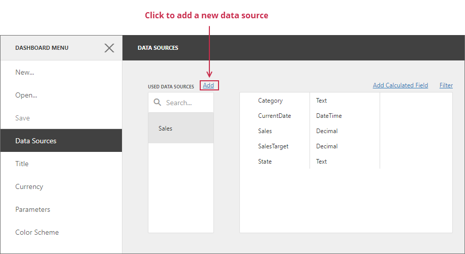 web Dashboard - Data sources page - &quot;Add&quot; button