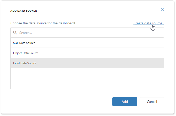 web Dashboard - &quot;Create data source&quot; window